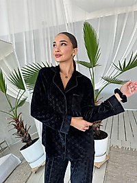 Siyah Baskılı Kadife Pijama Takımı