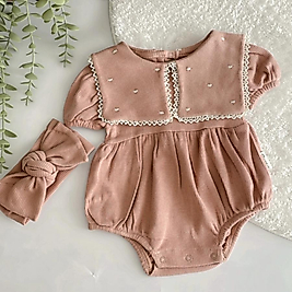 Kare Yaka Potkare Kumaş Kız Bebek Romper