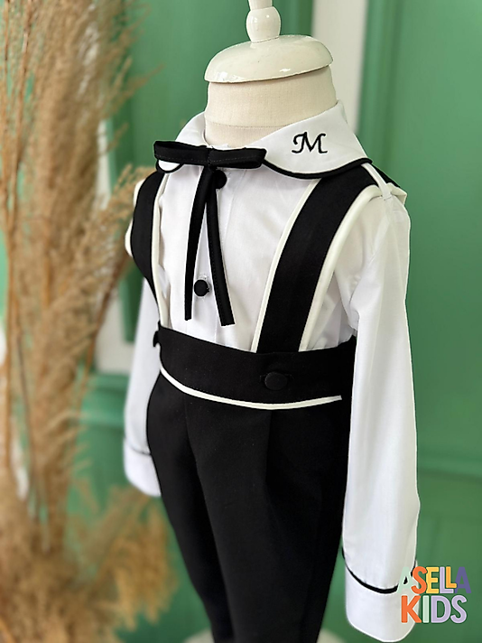 Bebe Yaka Siyah Salopet Takım - Yaka Nakışlı