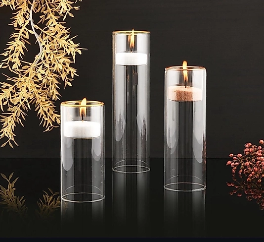 1 ADET Gold Detaylı Cam büyük boy 1 adet Tealight mum hediyeli