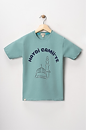 Erkek Çocuk Kısa Kollu Bisiklet Yaka "Haydi Camiye" Baskılı Tişört Mevsimlik Pamuklu