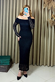 MADONNA YAKA DANTELLİ SİYAH MİDİ ELBİSE