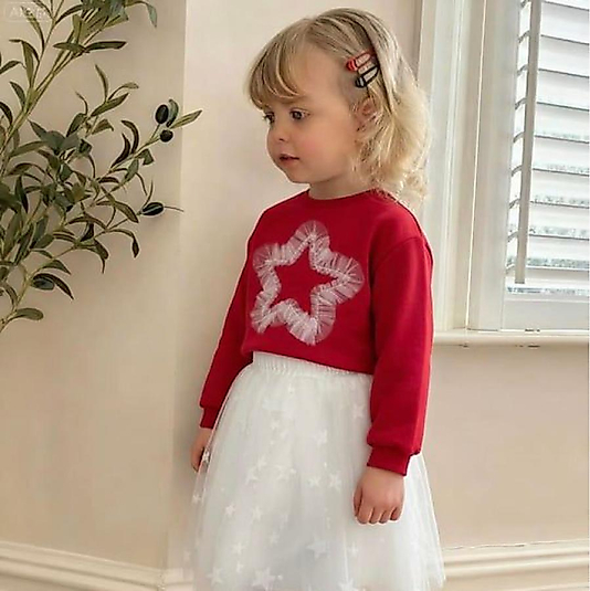 Kız Çocuk Pamuklu Kırmızı Yıldız Aplikeli Takım - Beyaz Tül Etekli 2'li Set