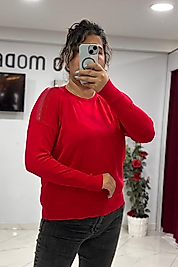 Omuz Taş Detaylı Kırmızı Triko