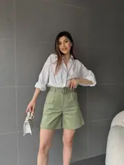 Kuş Gözü Kemerli Geniş Paçalı Mom Şort - HAKİ