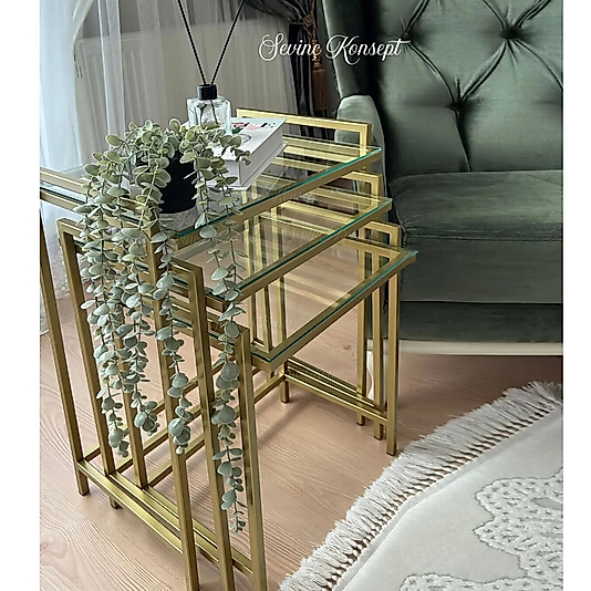 3'lü GOLD Rana Sehpa, Şeffaf Camlı, Çok Amaçlı Zigon Sehpa, Yan Sehpa, Orta Sehpa, Metal Sehpa