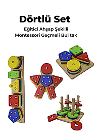 Eğitici Ahşap Şekilli Montessori Geçmeli Bul tak (4LÜ SET) Oyun Kokusuz, Sağlıklı, Boyası Çıkmaz