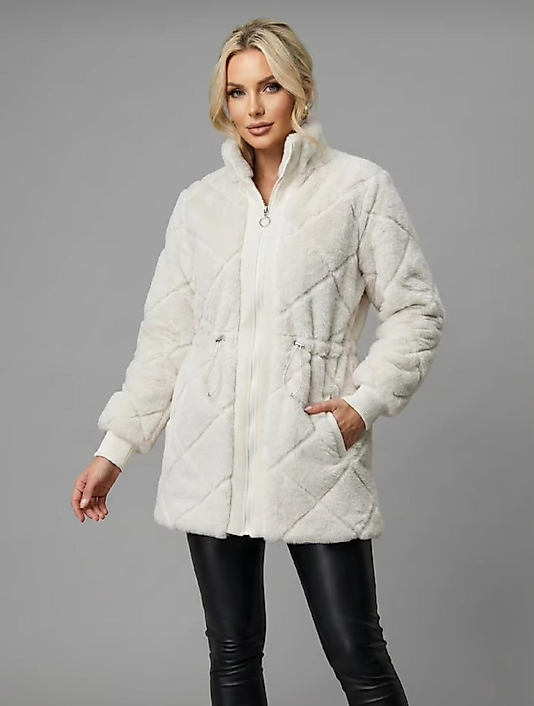 Kürklü Fermuarlı Ekru Mont