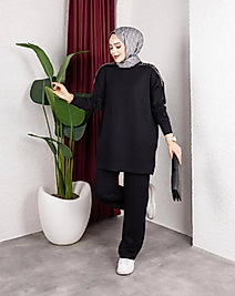 OMUZU TAŞ FERMUAR DETAYLI SİYAH TAKIM