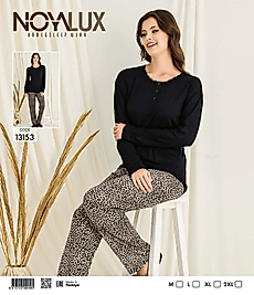 Siyah Dantel Yaka Düğmeli Üst & Leopar Desenli Alt Kadın Pijama Takımı -Noya 13153