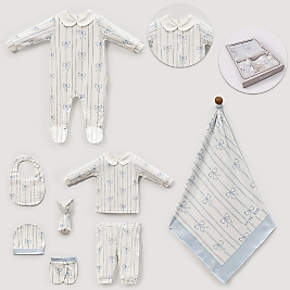 Kız Bebek 0-3 Ay Fiyonk Desenli Çizgili Kutulu Hastane Çıkış Seti