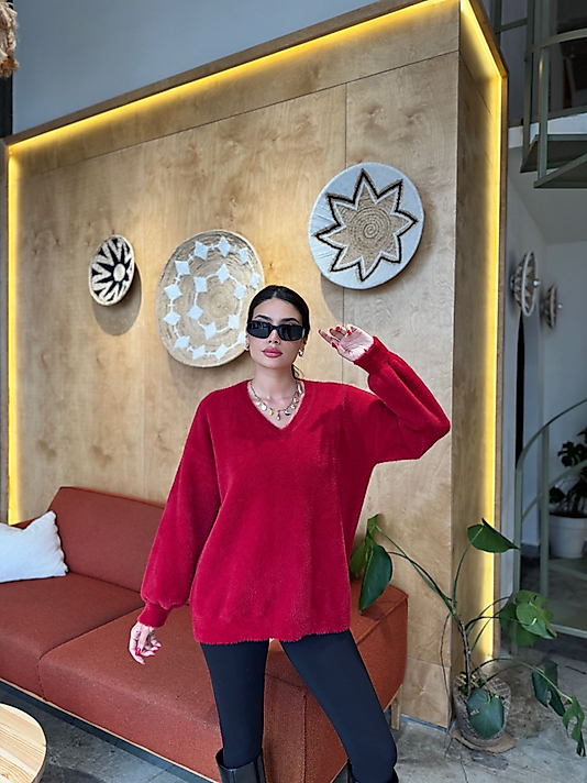 Oversize ,Yumuşak Standart Beden Bordo Kazak 2026