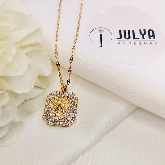 ÇELİK GOLD KARARMAZ PASLANMAZ ZİRKON TAŞLI ASLANLI 45+5 CM KOLYE