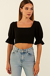 Batik kare yaka crop top bluz