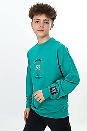 Turkuaz Renk Baskılı İki İp Sweatshirt Pamuklu / Şardonsuz Renkli Baskı Ribanalı