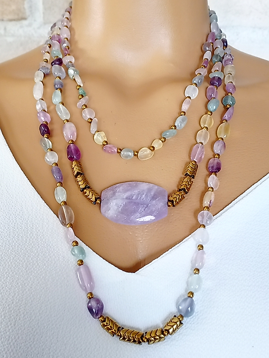 FLORİT -AMETİST-HEMATİT DOĞALTAŞ İKİLİ KOLYE