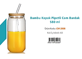 BAMBU KAPAK PİPETLİ CAM BARDAK 580 ML