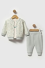 Çizgili Hırkalı 3’lü Bebek Takımı Yeşil – Hırka, Body & Pantolon | 0-12 Ay