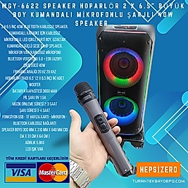 WGY-6622 Speaker Hoparlör 2 x 6.5" Büyük Boy Kumandalı Mikrofonlu Şarjlı 40W Speaker
