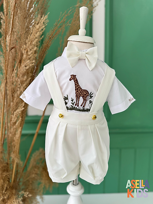 Erkek Çocuk Ekru Salopet Takım - Zürafa Nakışlı
