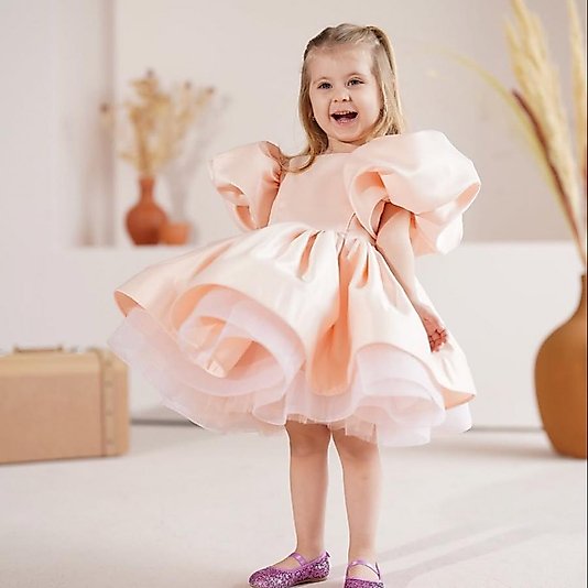 Kısa Kollu Kabarık Balerin Kız Çocuk Elbisesi Somon