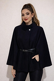 SİYAH Kemerli Kaşe Panço