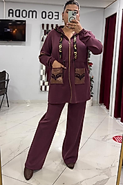 Taş Detaylı Kapüşonlu Bordo Takım