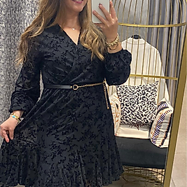 Flok Kumaş Desenli Kruveze Siyah Elbise