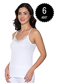 Gümüş 3010 Kadın Ribana (Likralı) İp Askı Güpürlü Atlet Beyaz 6 lı Paket