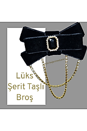 Hüma Broş Lüks Şerit Taşlı Kadife Broş Gotik Aksesuar Broş Yaka Broşu Yaka Kurdele Broş