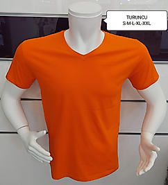 V YAKA TURUNCU PAMUK PENYE T-SHIRT