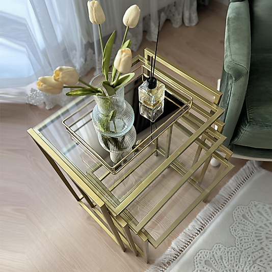 3'lü GOLD Rana Sehpa, Şeffaf Camlı, Çok Amaçlı Zigon Sehpa, Yan Sehpa, Orta Sehpa, Metal Sehpa