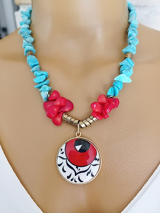 TURKUAZ VE MERCAN GÖZ KOLYE