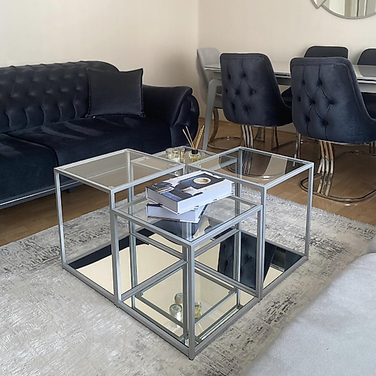 MAT GRİ PRAMİD ORTA SEHPA ÜST ŞEFAF CAM ALT KLASİK AYNA