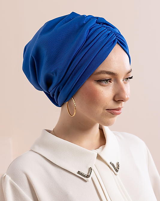 Drapeli Dolgulu Mavi İnce Simli Bone