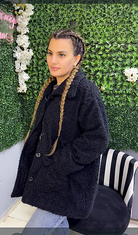 Kadın Siyah Çift Cepli Önü Düğmeli Şal Yaka Kaşe Ceket