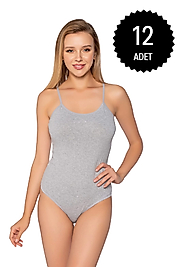 Gümüş 4025 Kadın Likralı İp Askı Kancalı Body Gri 12 li Paket