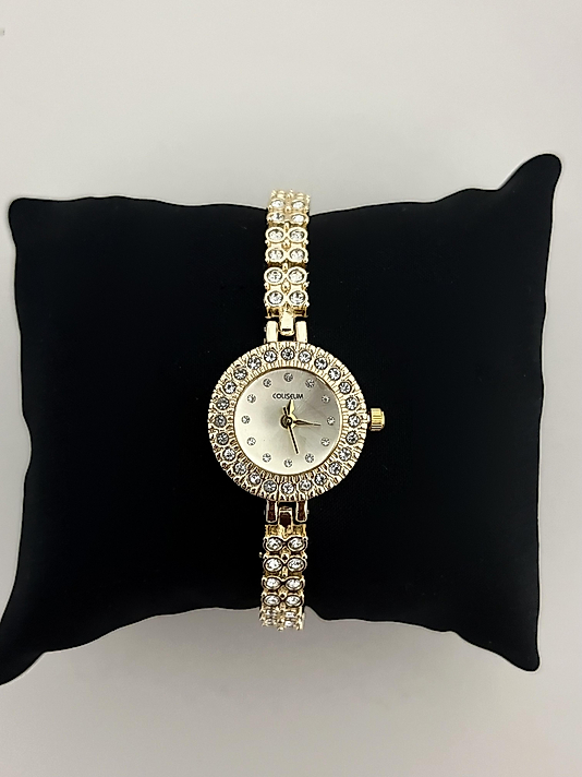 Gold Tamamı Taşlı Yuvarlak Saat