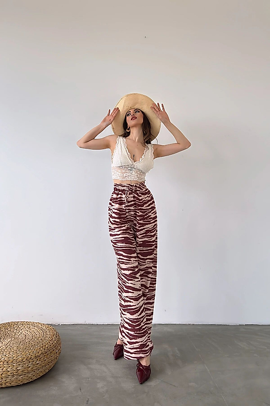 Desenli Belden Lastikli Pantalon - KAHVE DESENLİ