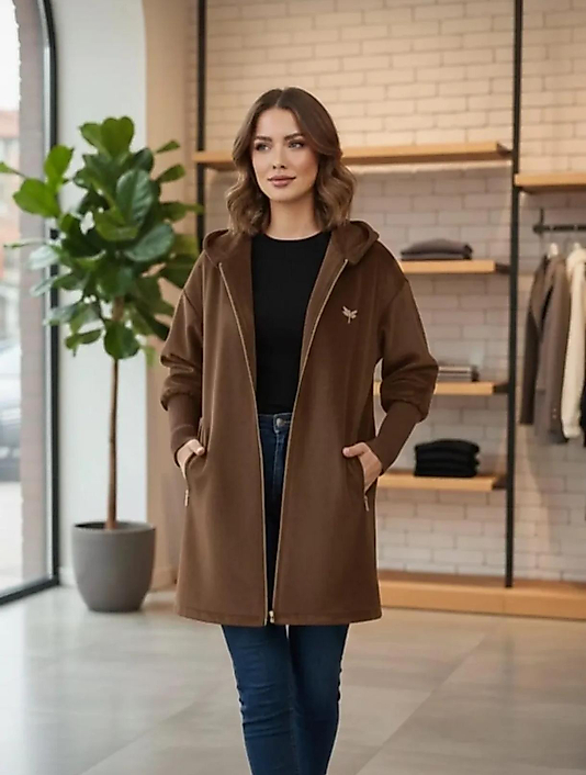 Angora Fermuarlı Cepli Kaban Kahve Renk