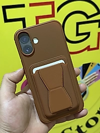İphone 16 Plus Kartlıklı Standlı Deri Telefon Kılıfı Kahverengi