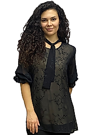 Ultimod Siyah İşlemeli Astarlı Kravatlı Bluz ULT5021