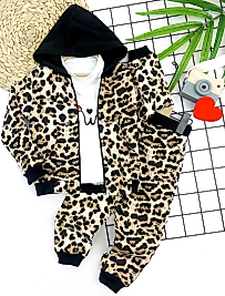 2-3-4-5 Yaş Kapşonlu Leopar Desenli Sweatli 3lü Kız Çocuk Takımı Kahverengi