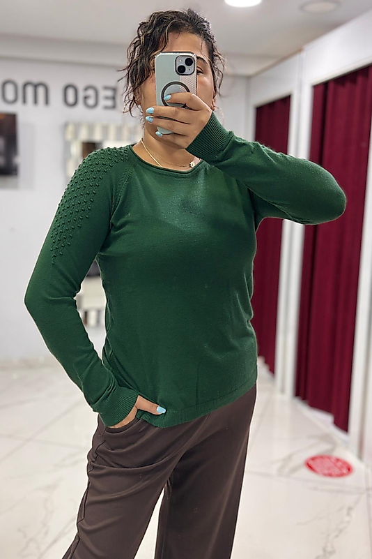 Omuz Detaylı Bİsiklet Yaka Zümrüt Yeşili Triko