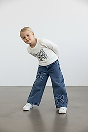 Kız çocuk Kelebek Tasarımlı kot pantolon Uzun kollu Sweatshirt  Kombin (4-12 yaş)