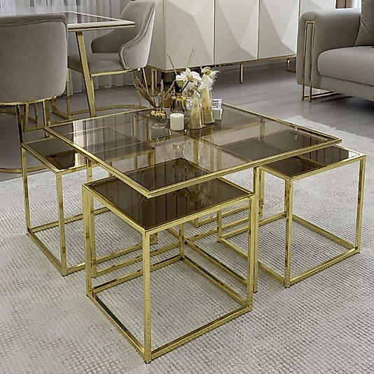 PARLAK GOLD KARE 4+1 PİZZA ORTA SEHPA ÜST BRONZ CAM ALT BRONZ AYNA