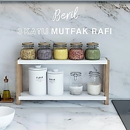 Beril 2 Katlı Ahşap Mutfak Rafı, Baharatlık / Dekoratif Raf / Çok Amaçlı Kullanım ( Beyaz )