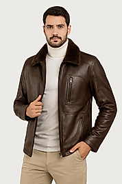 Carlos Hakiki Deri Erkek Kestane Seyyar Kürk Yaka Mont