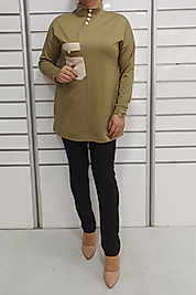 Hakim Yaka Çıt Detaylı Cepli Tunik -Olive