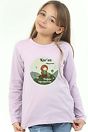 Kız Çocuk Uzun Kollu Bisiklet Yaka "Kuran Okuyorum, Doğayı Öğreniyorum" Baskılı Tişört Mevsimlik Pamuklu